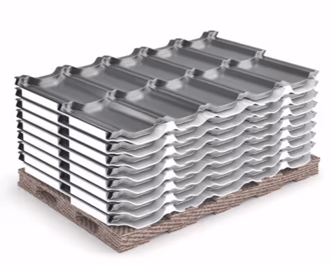 A pallet of stacked Rudan steel roof tiles